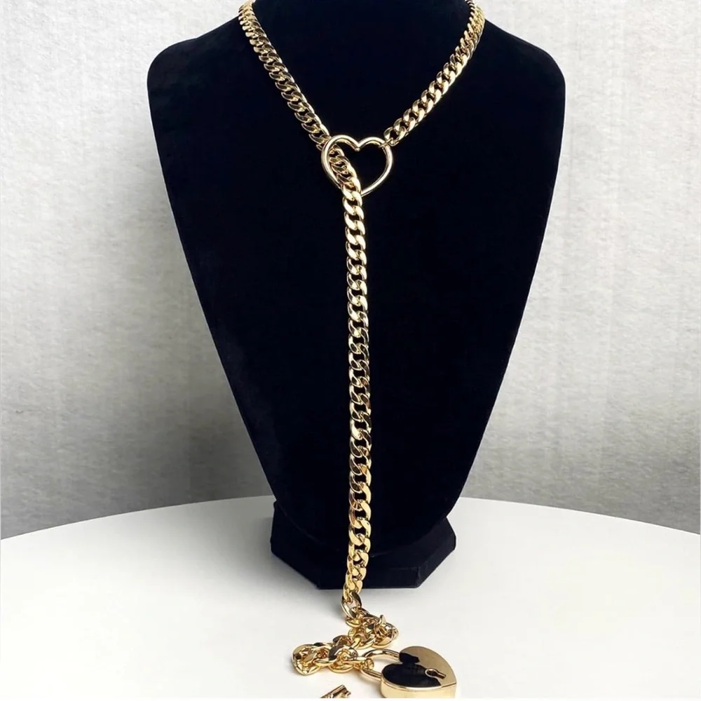 NEW! 90s/Y2K Heart Lock & Key Gold Stainless Steel Adjustable Toggle Necklace - Picture 6 of 7